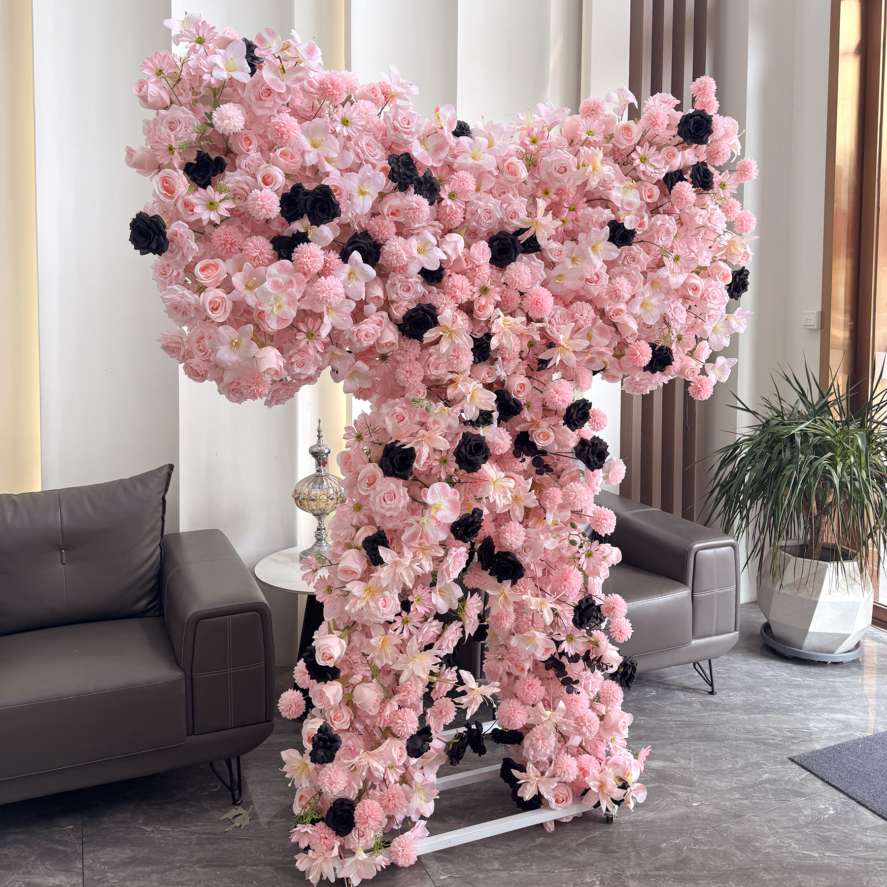 Pink Black Heart Shaped Artificial Flower Arch with Metal Frame, Gothic Floral Backdrop for Wedding Ceremony, Photo Booth, Bridal Shower and Party Decor
