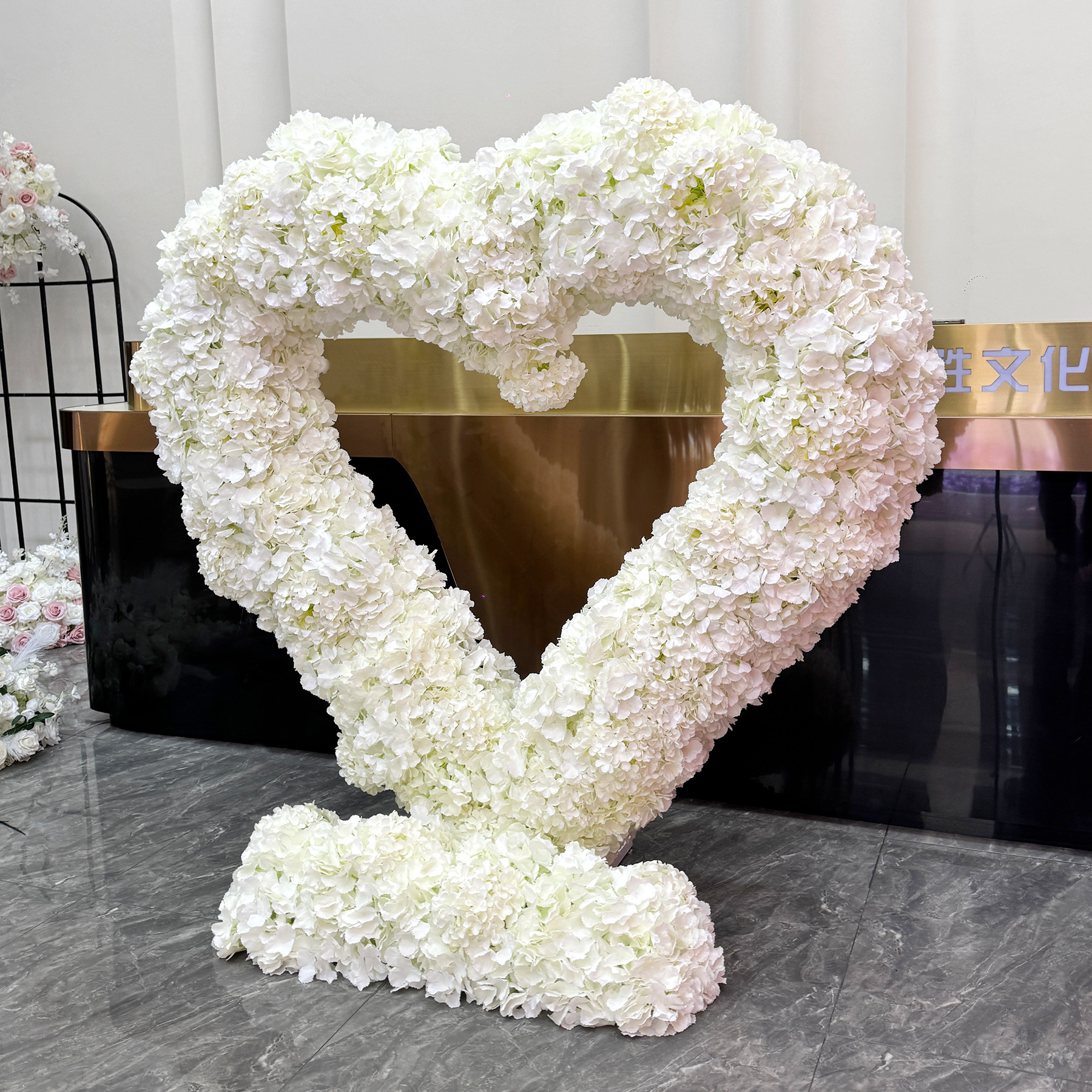 6.5FT Heart Shaped Artificial Hydrangea Flower Arch with Metal Frame, Freestanding Faux Floral Photo Backdrop Stand for Wedding Proposal Engagement Valentines Day Party Decor