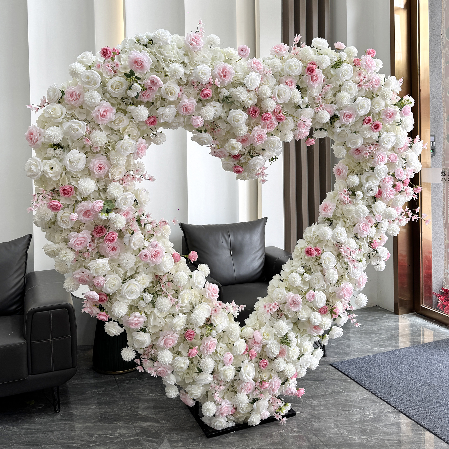 White and Blush Pink Heart-Shaped Artificial Flower Arch with Metal Frame,7ft Freestanding Floral Backdrop for Wedding Ceremony, Bridal Shower, Photo Booth and Party Decor