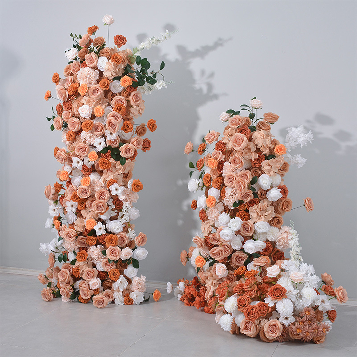 5.9ft & 4.9ft Terracotta Burnt Orange White Floral Pillar Arrangement Set, Artificial Rose Flower Column Backdrop for Fall Wedding Ceremony Arch, Boho Autumn Floral Stand Decor, Flower Only No Metal Stand Included