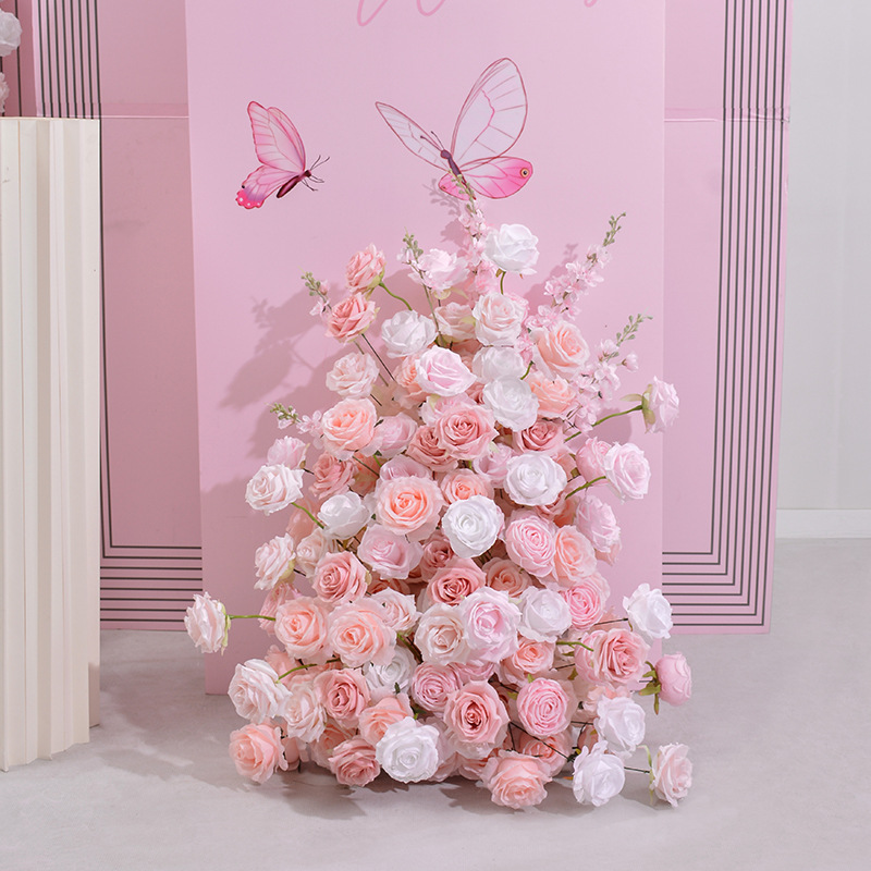 Blush Pink White Artificial Flower Arrangement Set 180cm & 100cm Silk Rose Floral Runner for Wedding Backdrop, Bridal Shower, Party Decor, Stand Not Included