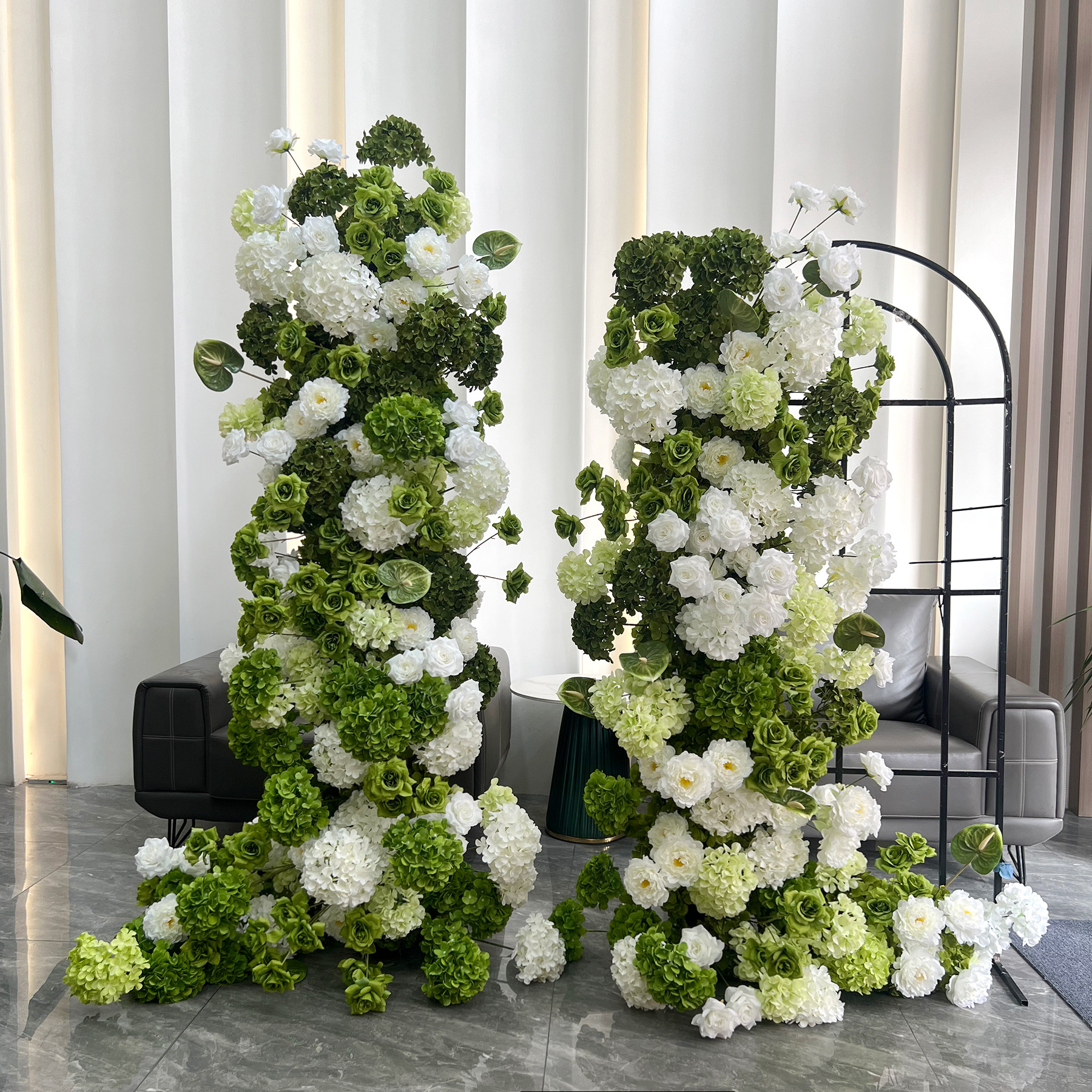 Green White 2-Piece Artificial Flower Columns for Wedding Backdrop Decor