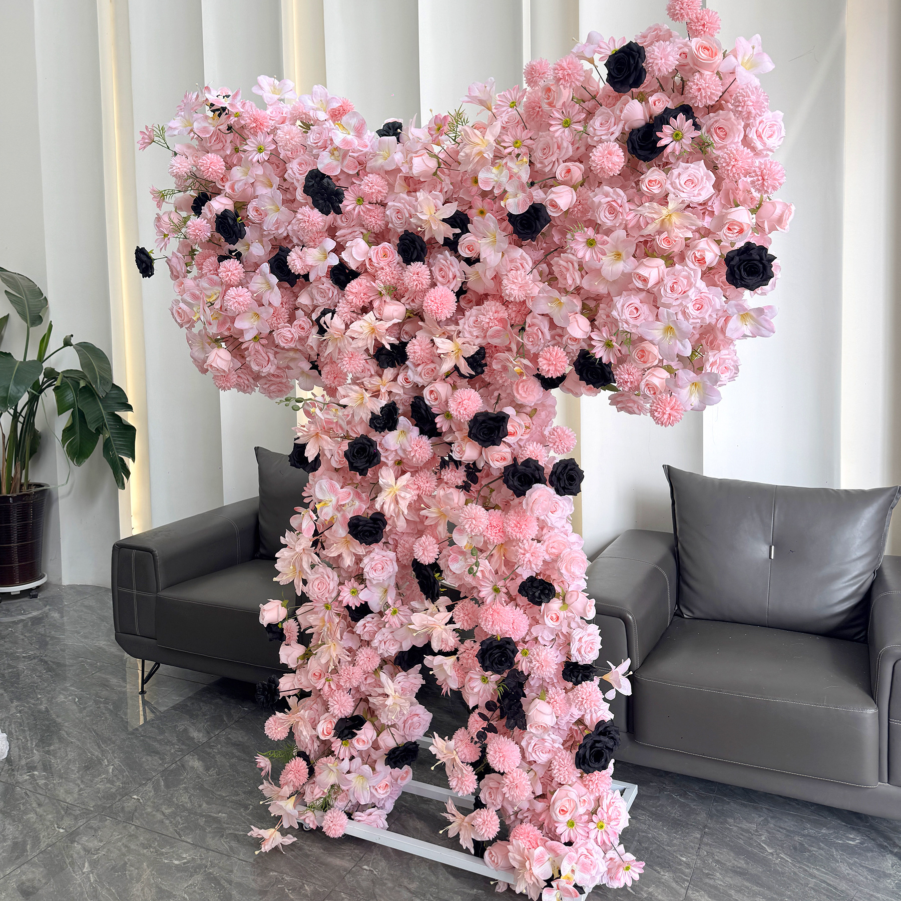 Pink Black Heart Shaped Artificial Flower Arch with Metal Frame, Gothic Floral Backdrop for Wedding Ceremony, Photo Booth, Bridal Shower and Party Decor