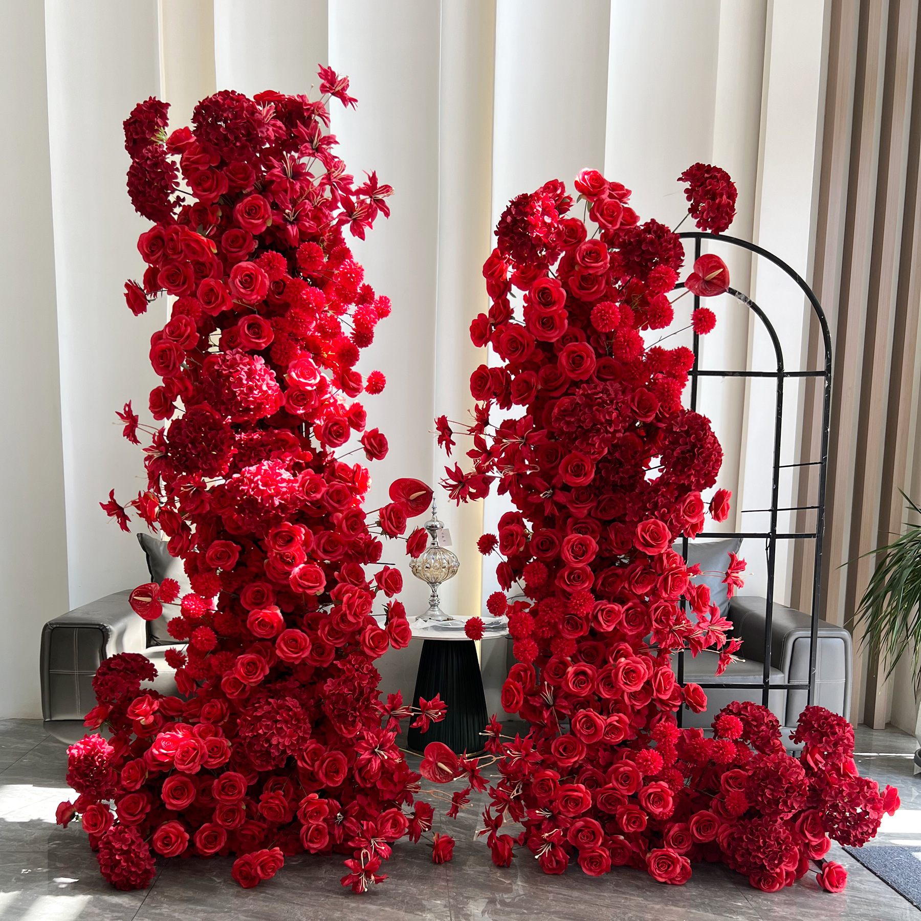 Red 2-Piece Artificial Flower Columns for Wedding Backdrop, Floral Decor