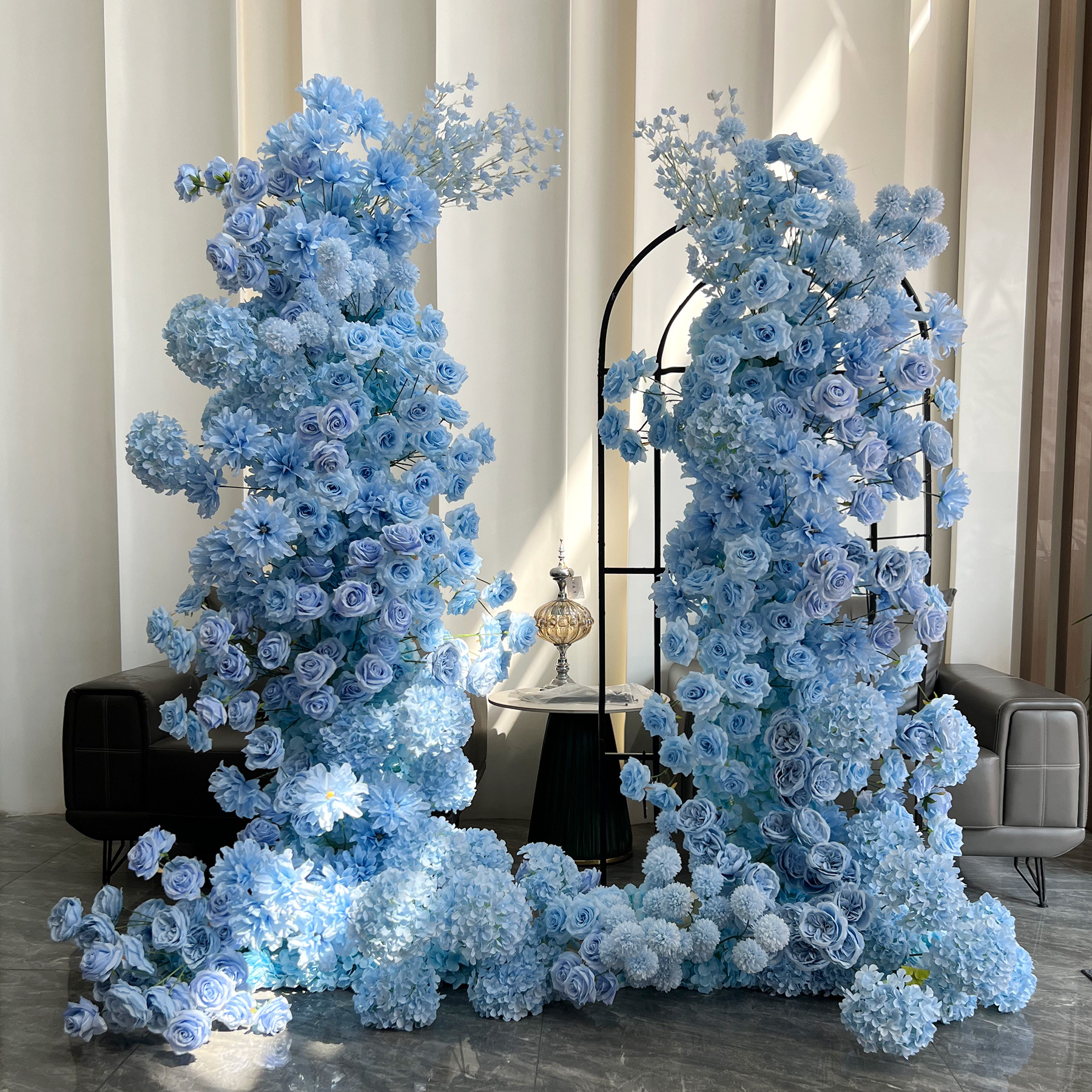Blue 2-Piece Artificial Flower Columns for Wedding Backdrop, Floral Decor