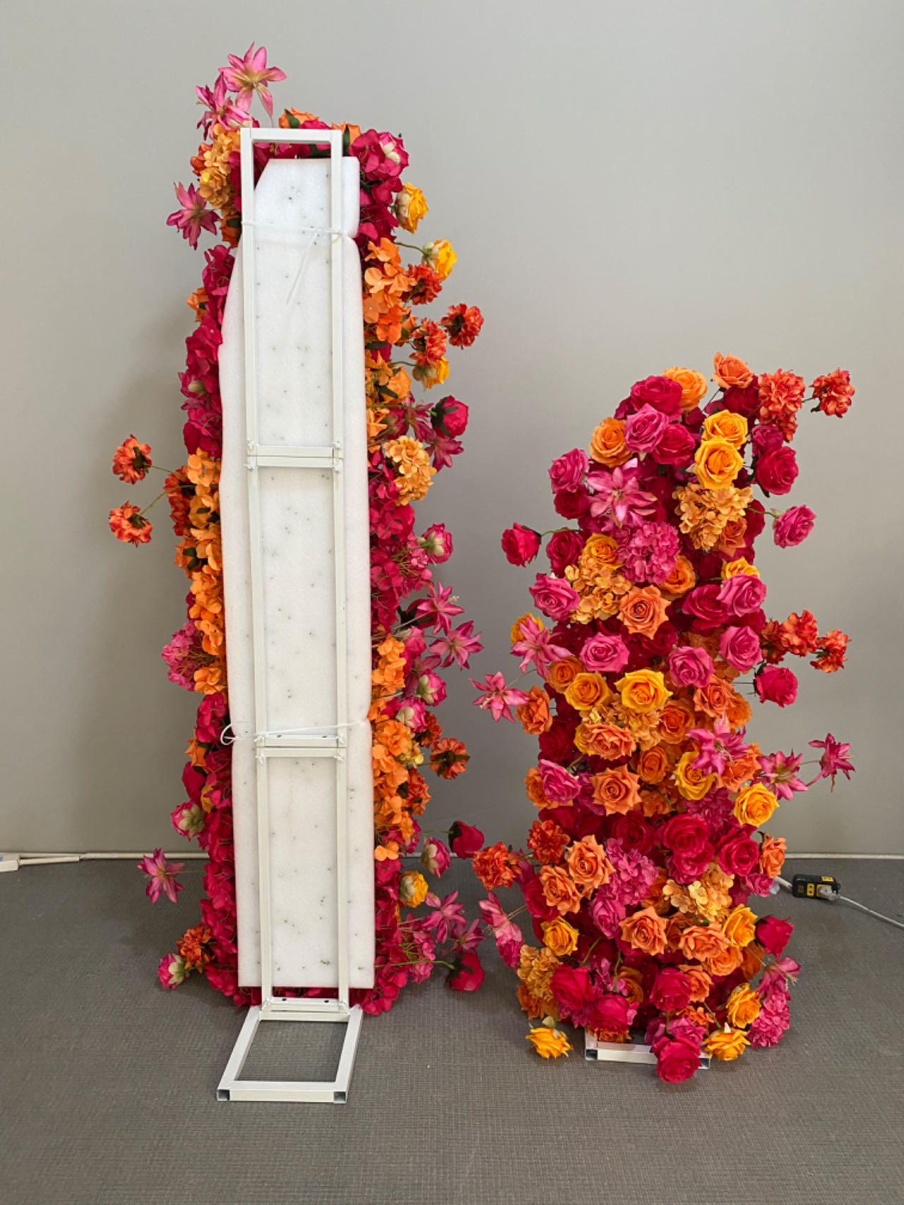 0.9in & 55.1in Hot Pink Orange Yellow Freestanding Floral Column Set, Artificial Rose Flower Pillar Backdrop for Wedding Ceremony Arch, Vibrant Summer Event Floral Stand Decor, Built-in Metal Frame Included