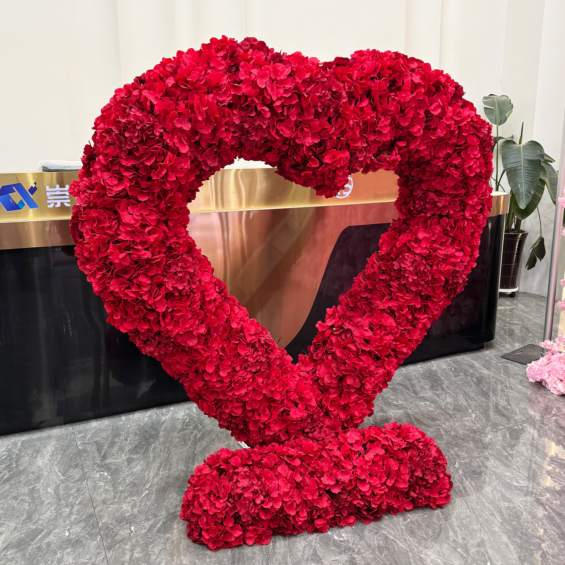 6.5FT Heart Shaped Artificial Hydrangea Flower Arch with Metal Frame, Freestanding Faux Floral Photo Backdrop Stand for Wedding Proposal Engagement Valentines Day Party Decor