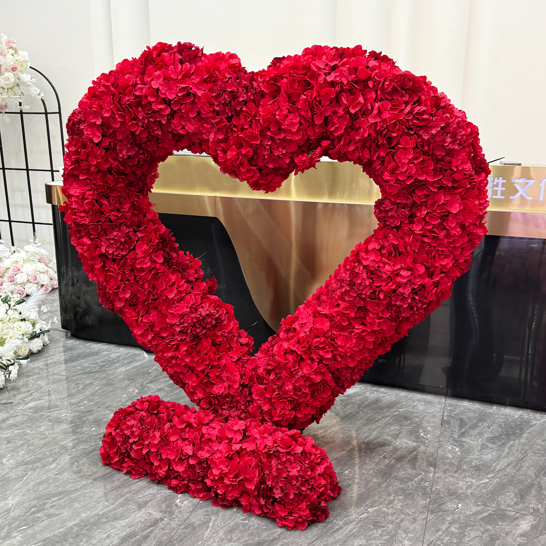 6.5FT Heart Shaped Artificial Hydrangea Flower Arch with Metal Frame, Freestanding Faux Floral Photo Backdrop Stand for Wedding Proposal Engagement Valentines Day Party Decor
