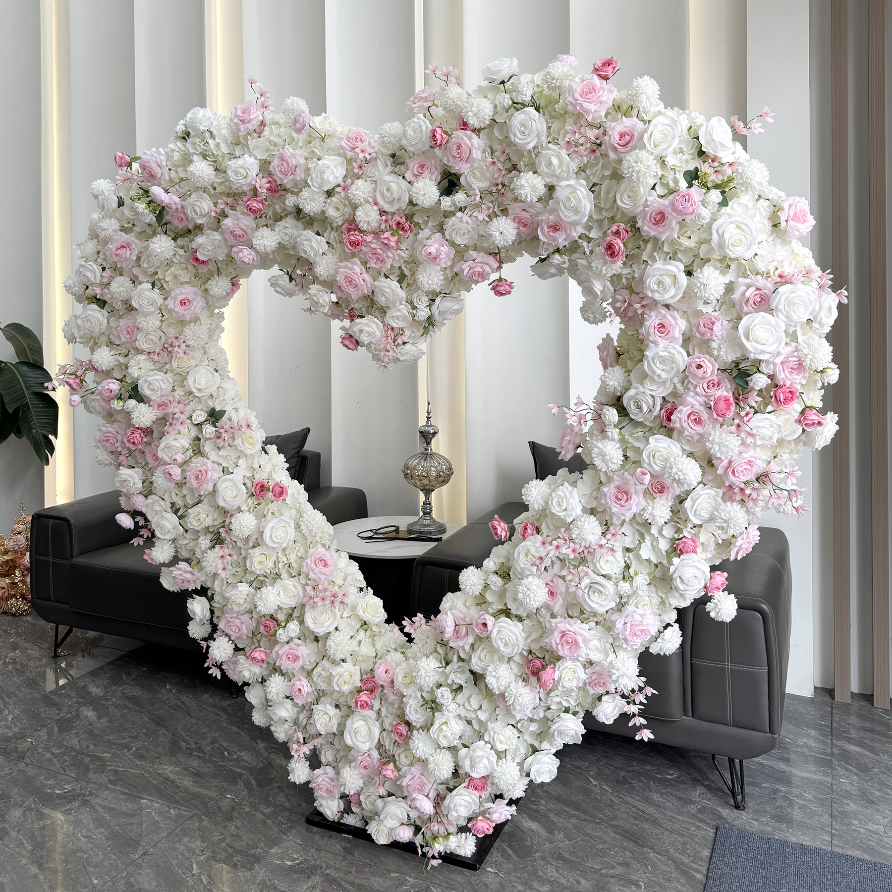 White and Blush Pink Heart-Shaped Artificial Flower Arch with Metal Frame,7ft Freestanding Floral Backdrop for Wedding Ceremony, Bridal Shower, Photo Booth and Party Decor