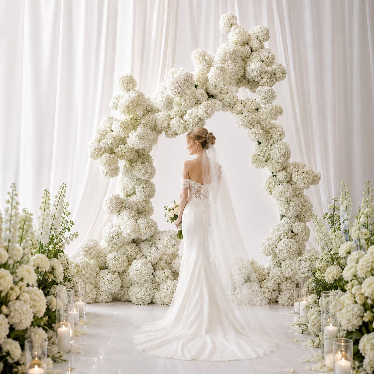 8FT Irregular Faux Hydrangea Flower Arch with Stand for Wedding Child  Classic White