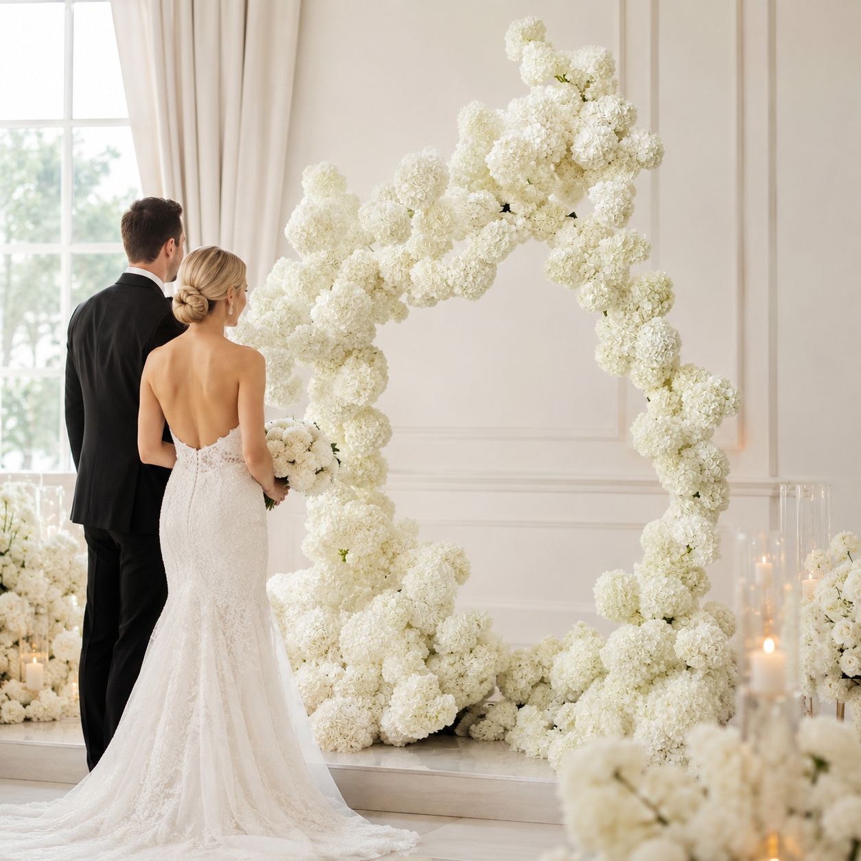 8FT Irregular Faux Hydrangea Flower Arch with Stand for Wedding Child  Classic White