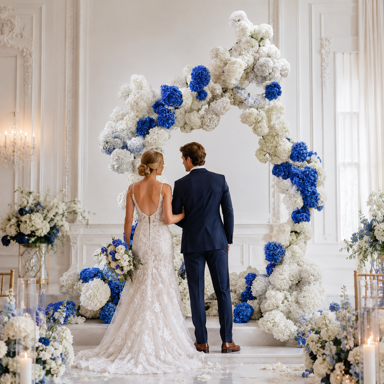8FT Irregular Faux Hydrangea Flower Arch with Stand for Wedding Child  Classic blue and white