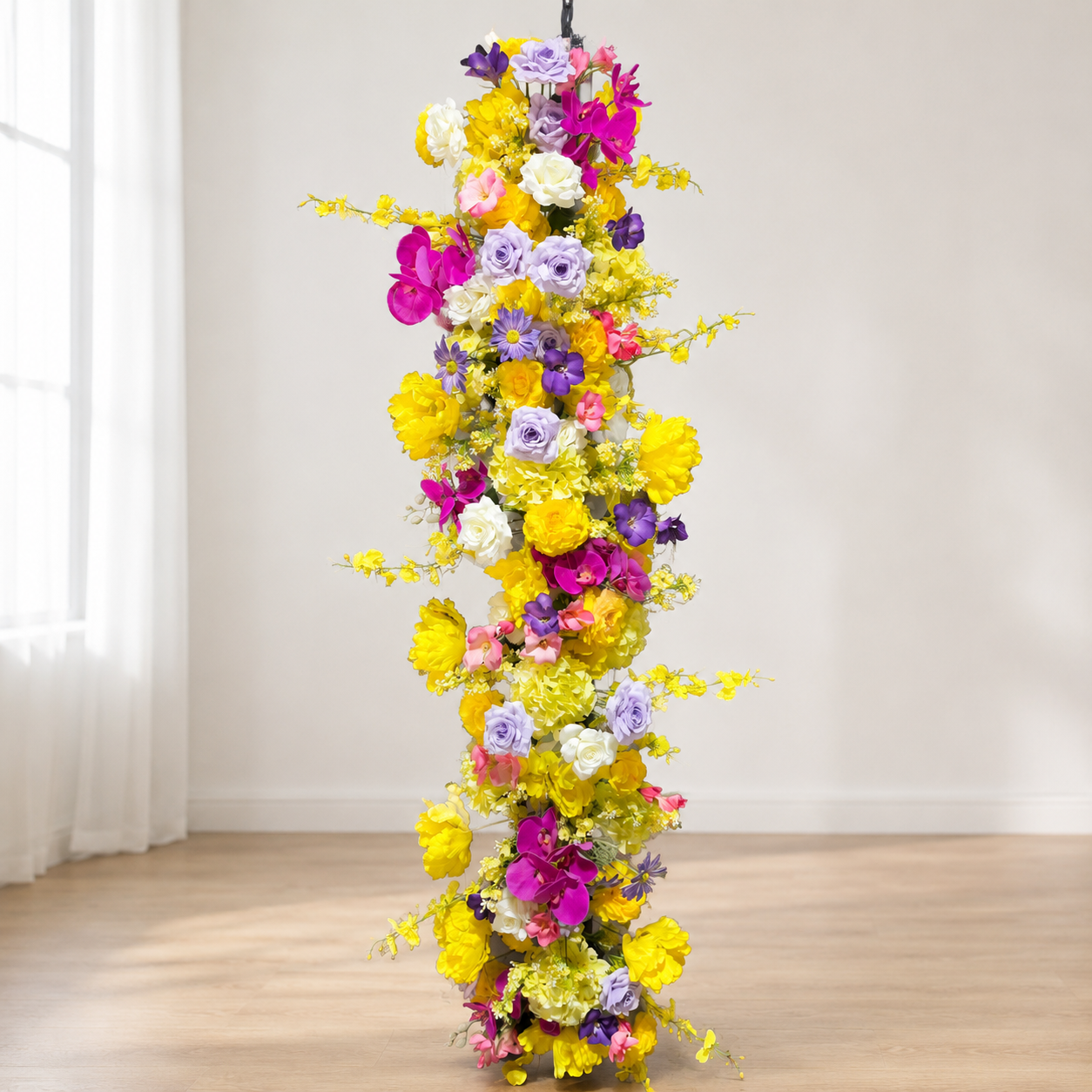 Yellow Multicolor Vertical Hanging Floral Swag, Ready-to-Hang Floral Strip for Wedding Arch Decor