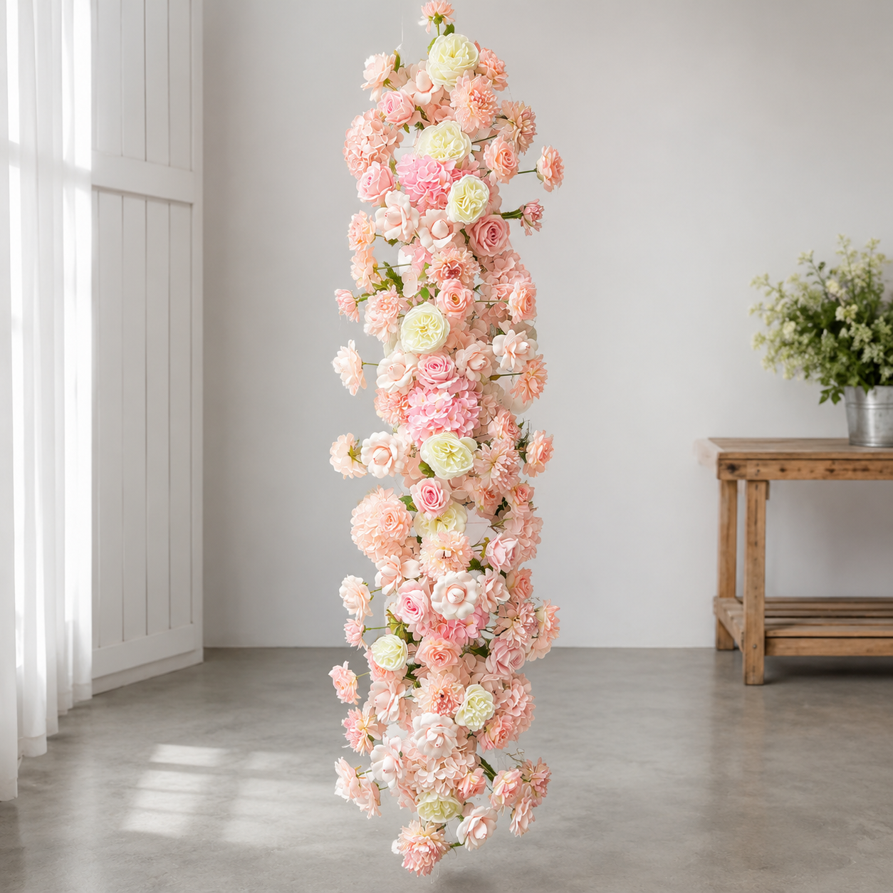 Artificial Vertical Flower Swag, Pink White Silk Floral Garland for Wedding Arch & Event Backdrop
