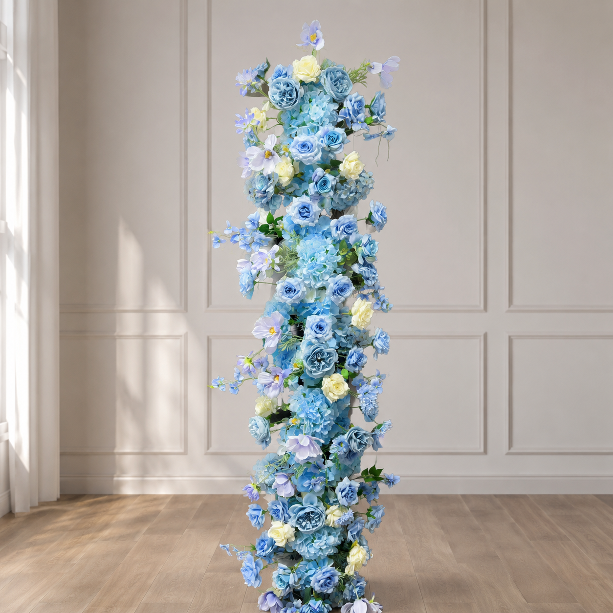 Blue Vertical Hanging Floral Swag, Ready-to-Hang Flower Strip for Wedding Arch Decor