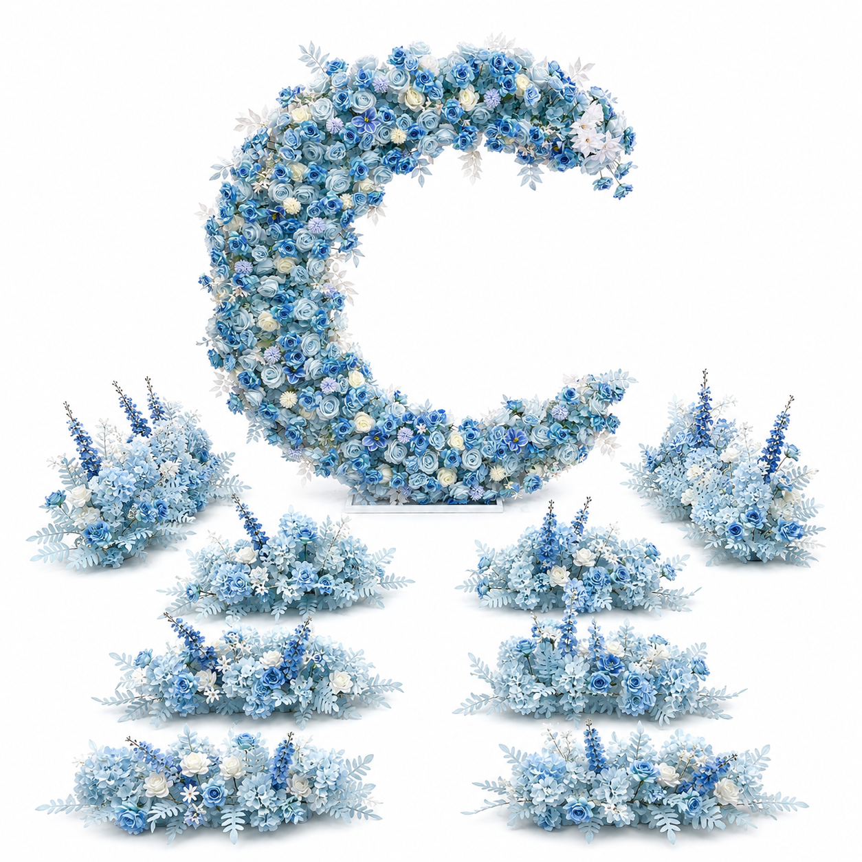 Blue Moon Floral Arch Set, 6FT Moon Backdrop with Stand, 8 Floor Flowers
