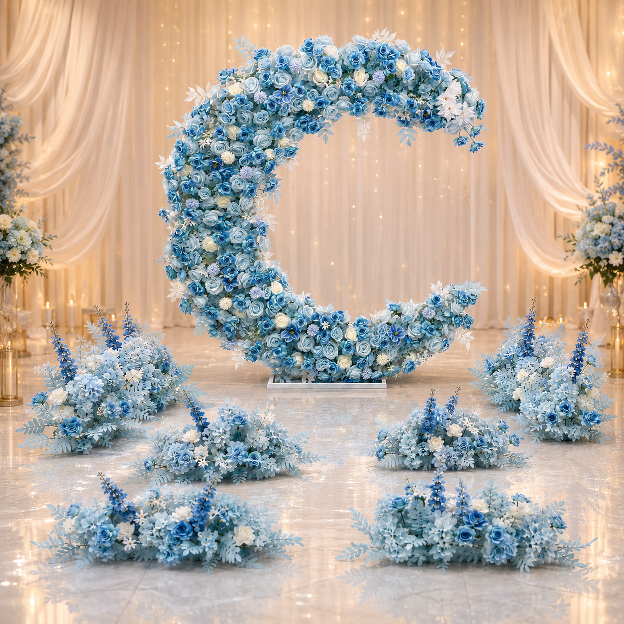 Blue Moon Floral Arch Set, 6FT Moon Backdrop with Stand, 8 Floor Flowers