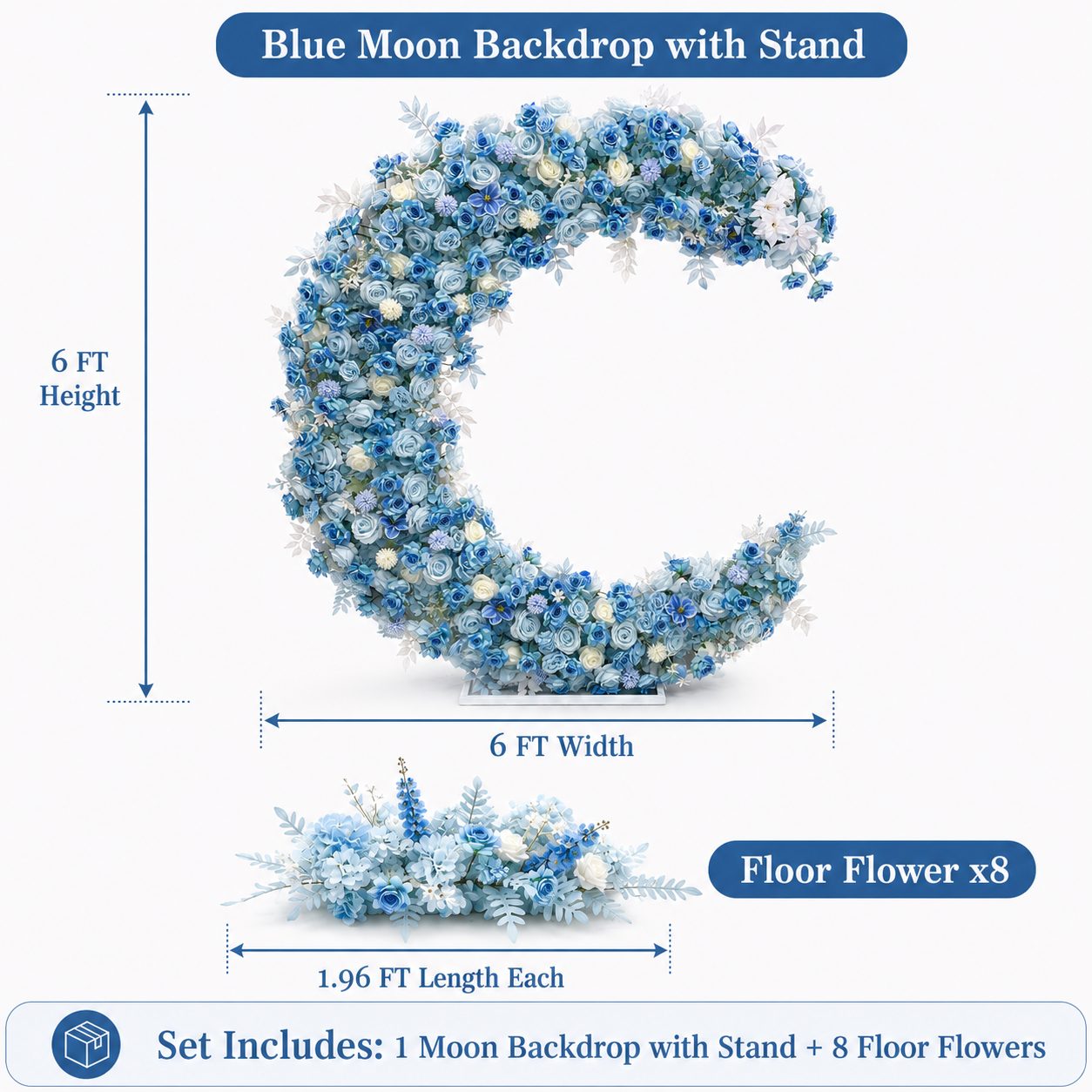Blue Moon Floral Arch Set, 6FT Moon Backdrop with Stand, 8 Floor Flowers