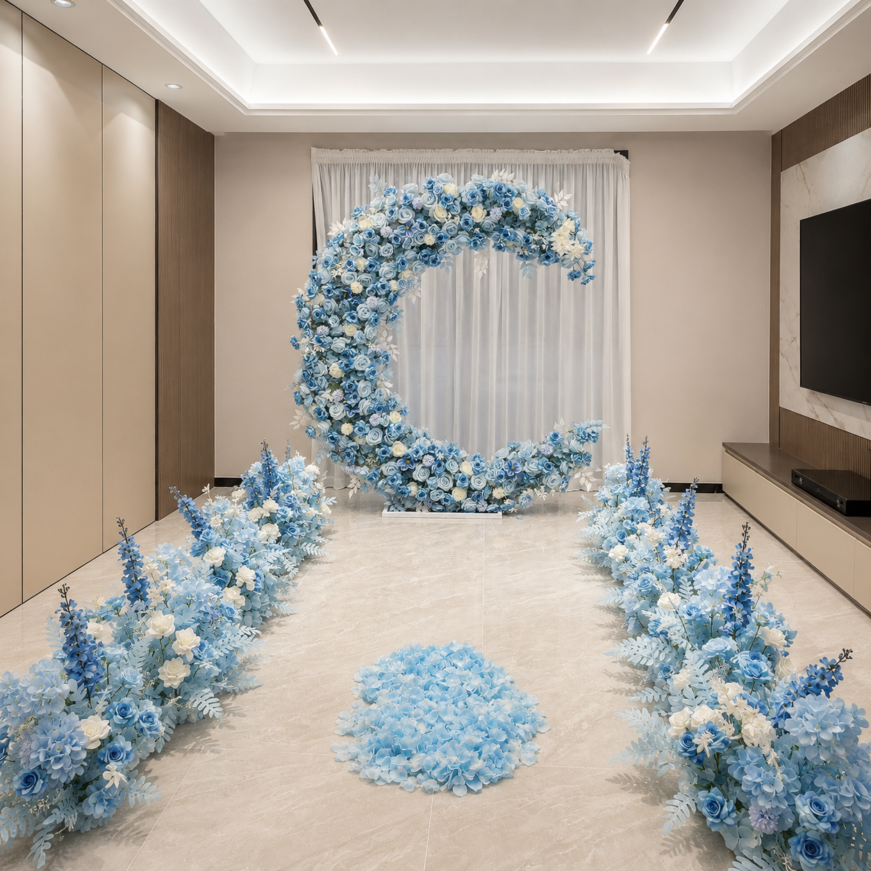 Blue Moon Floral Arch Set, 6FT Moon Backdrop with Stand, 8 Floor Flowers