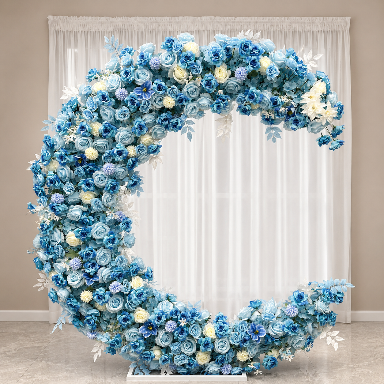 Blue Moon Floral Arch Set, 6FT Moon Backdrop with Stand, 8 Floor Flowers