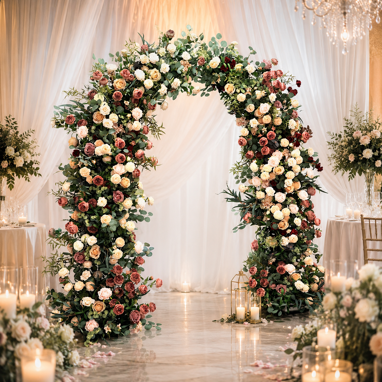 Artificial Floral Arch Decoration with Matching Stand Mocha Rose Greenery