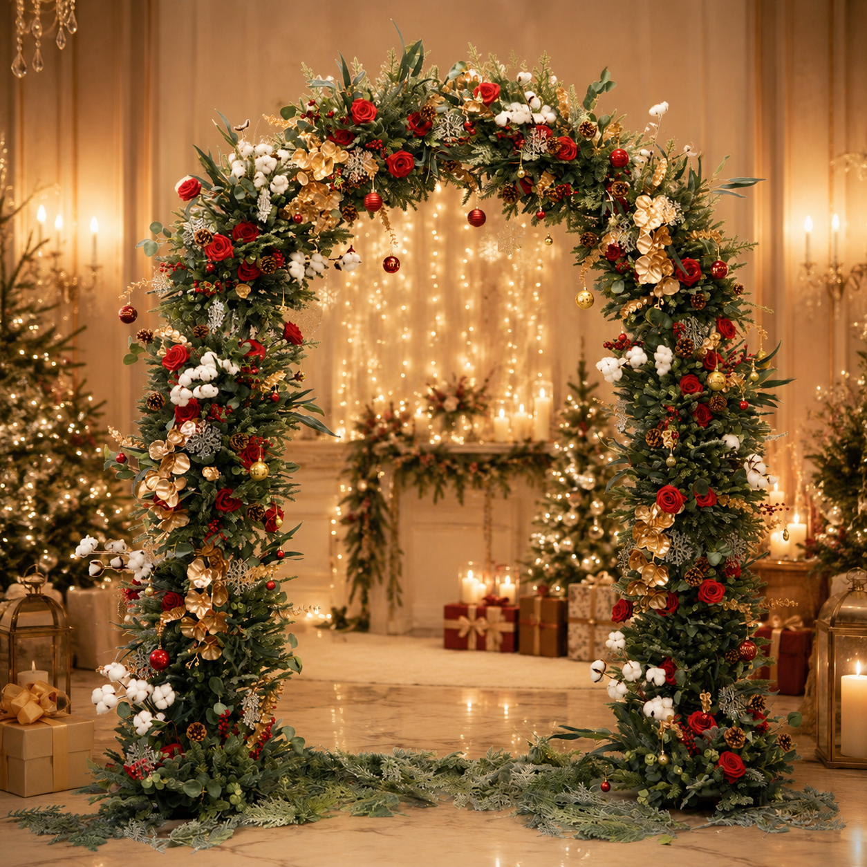 Artificial Floral Arch Decoration with Matching Stand Red Gold Christmas
