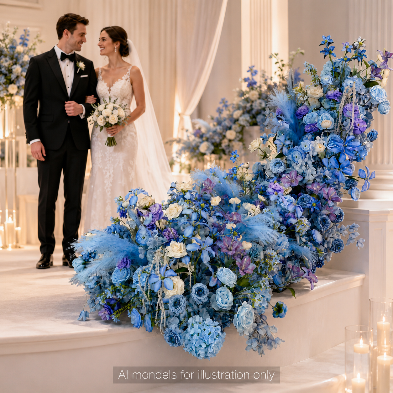 Artificial Wedding Flower Waterfall 6.9ft Arch Decor, Royal Blue & Lavender