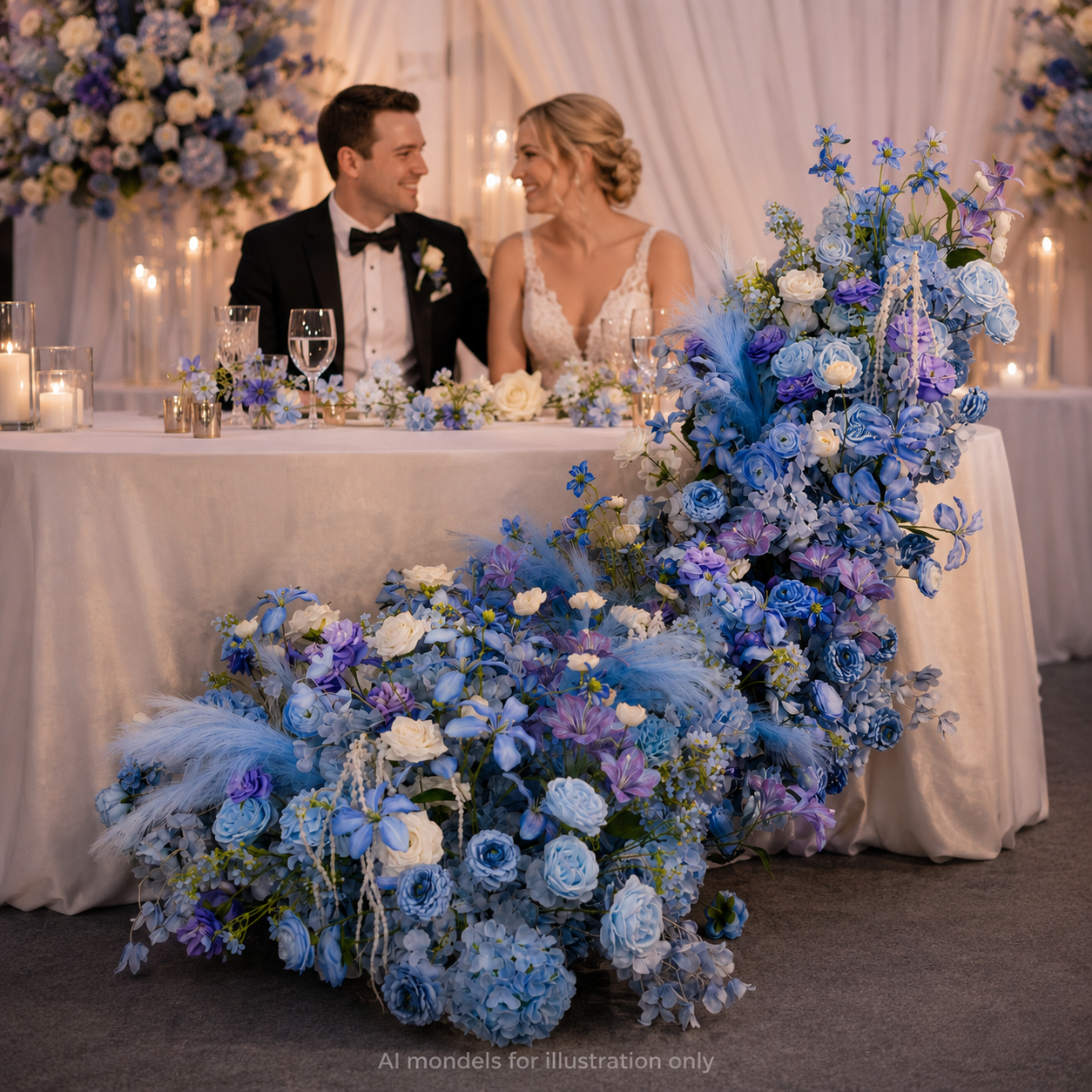 Artificial Wedding Flower Waterfall 6.9ft Arch Decor, Royal Blue & Lavender