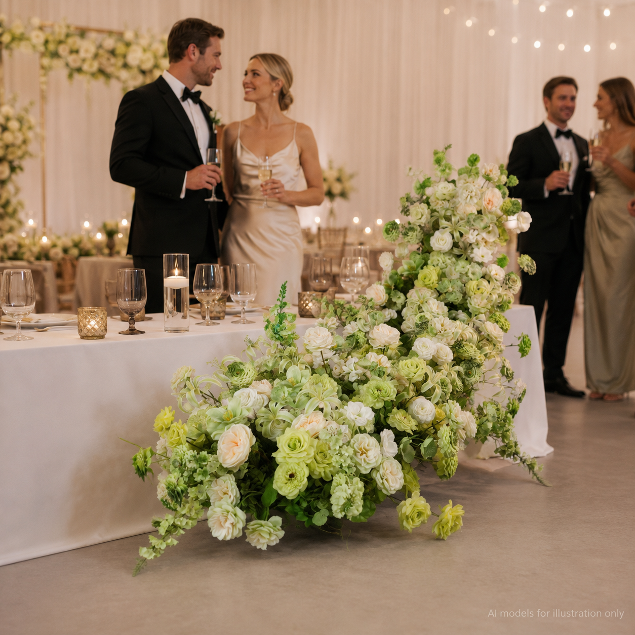 Artificial Wedding Flower Waterfall 6.9ft Arch Decor, Light Green & Ivory