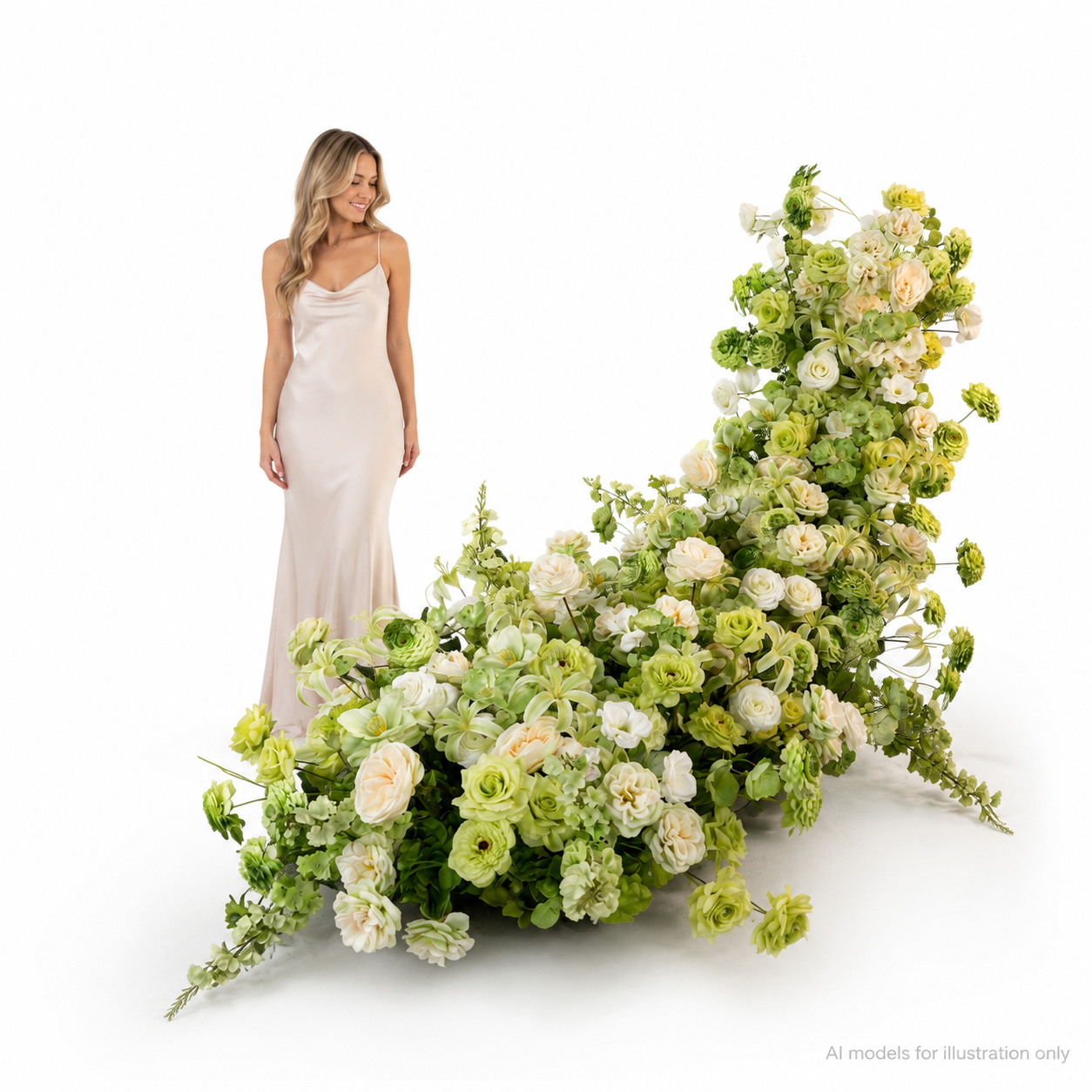 Artificial Wedding Flower Waterfall 6.9ft Arch Decor, Light Green & Ivory