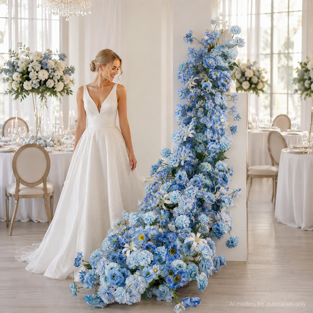 Artificial Wedding Flower Waterfall 6.9ft Arch Decor, Ice Blue & White