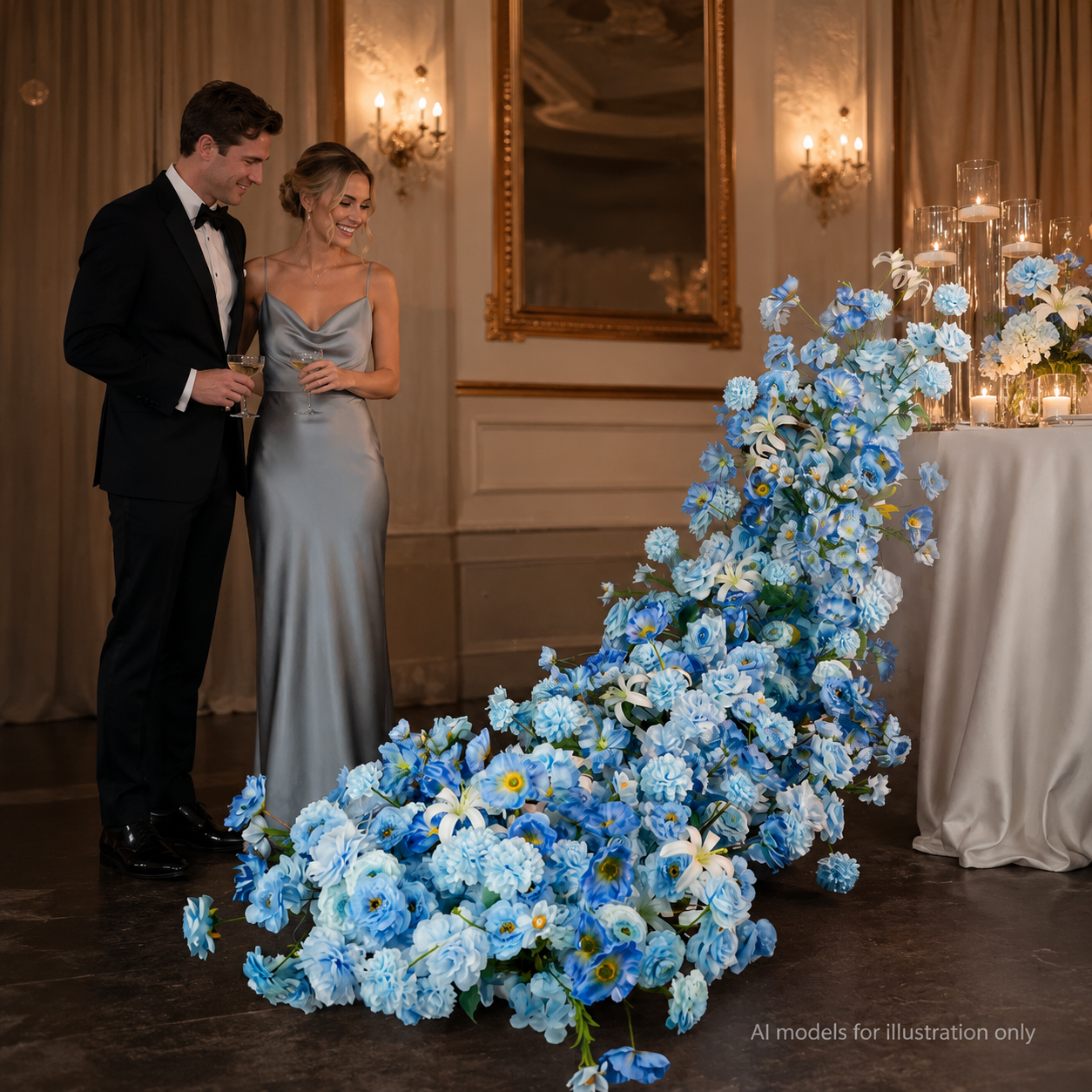 Artificial Wedding Flower Waterfall 6.9ft Arch Decor, Ice Blue & White