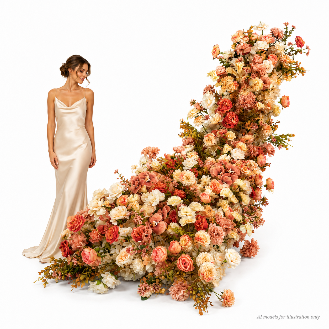 Artificial Wedding Flower Waterfall 6.9ft Arch Decor, Peach Coral & Cream
