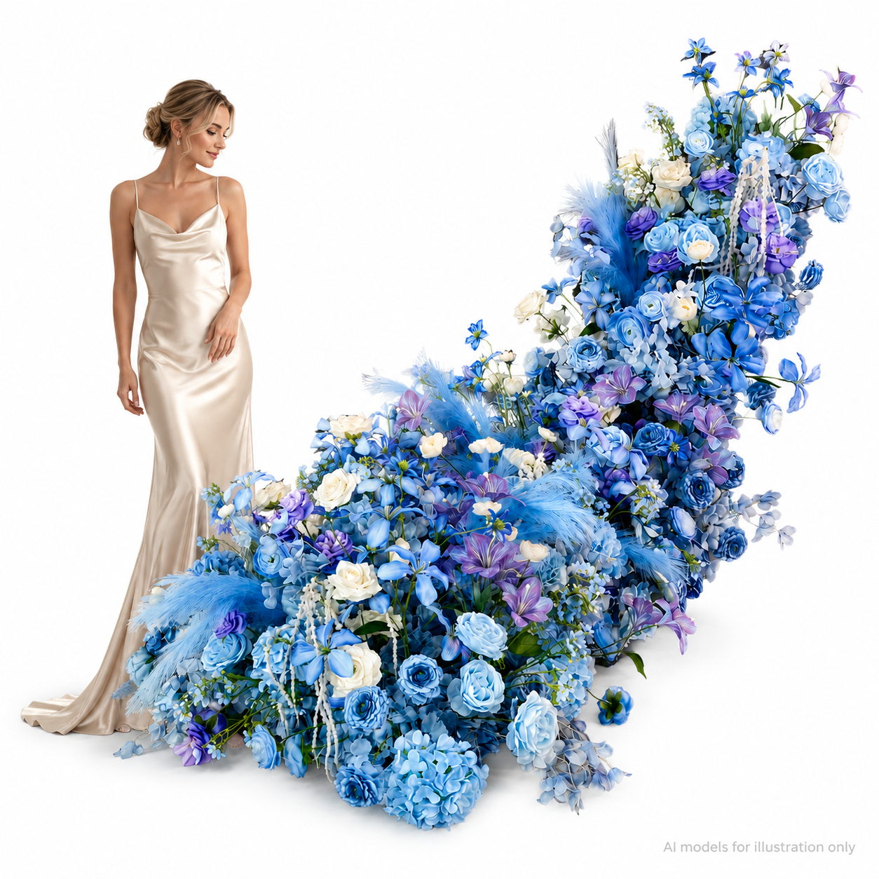 Artificial Wedding Flower Waterfall 6.9ft Arch Decor, Royal Blue & Lavender