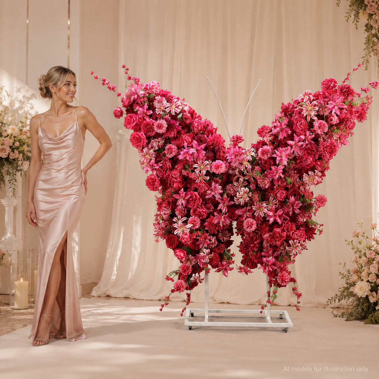 5FT Hot Pink Red Butterfly Flower Arch, Wedding Backdrop Decor