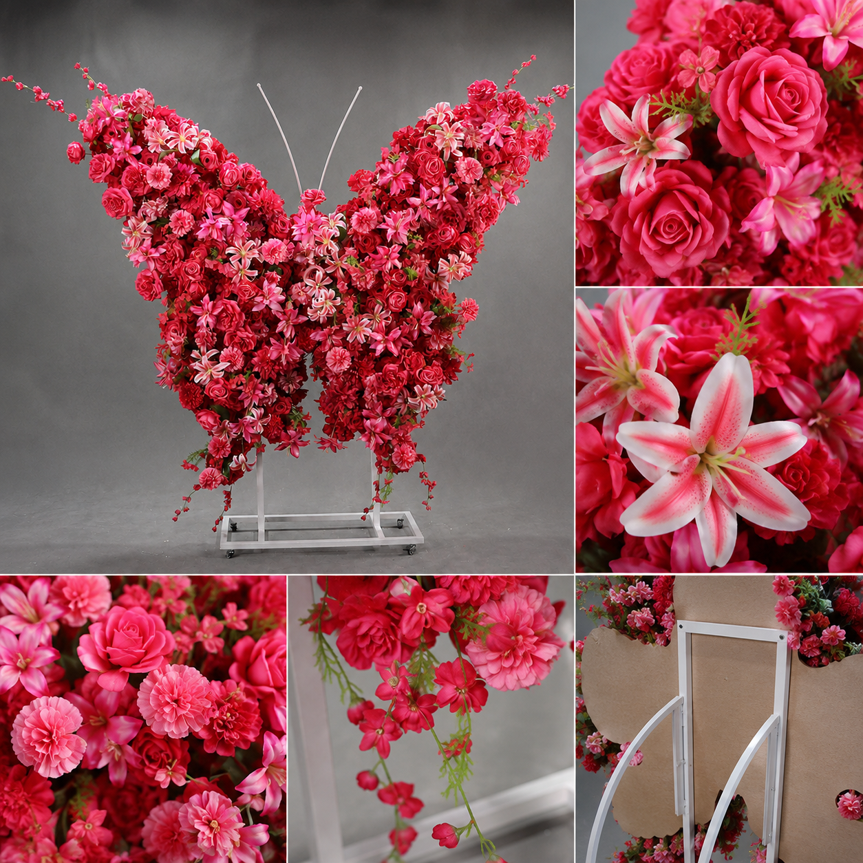 5FT Hot Pink Red Butterfly Flower Arch, Wedding Backdrop Decor