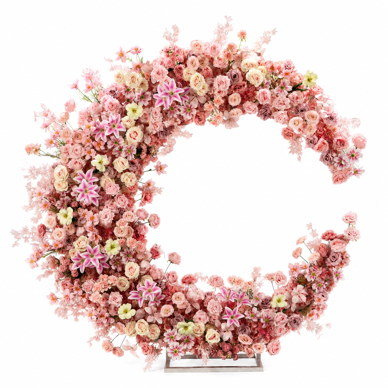 6FT Pink Crescent Moon Artificial Flower Arch with Stand, Wedding Backdrop