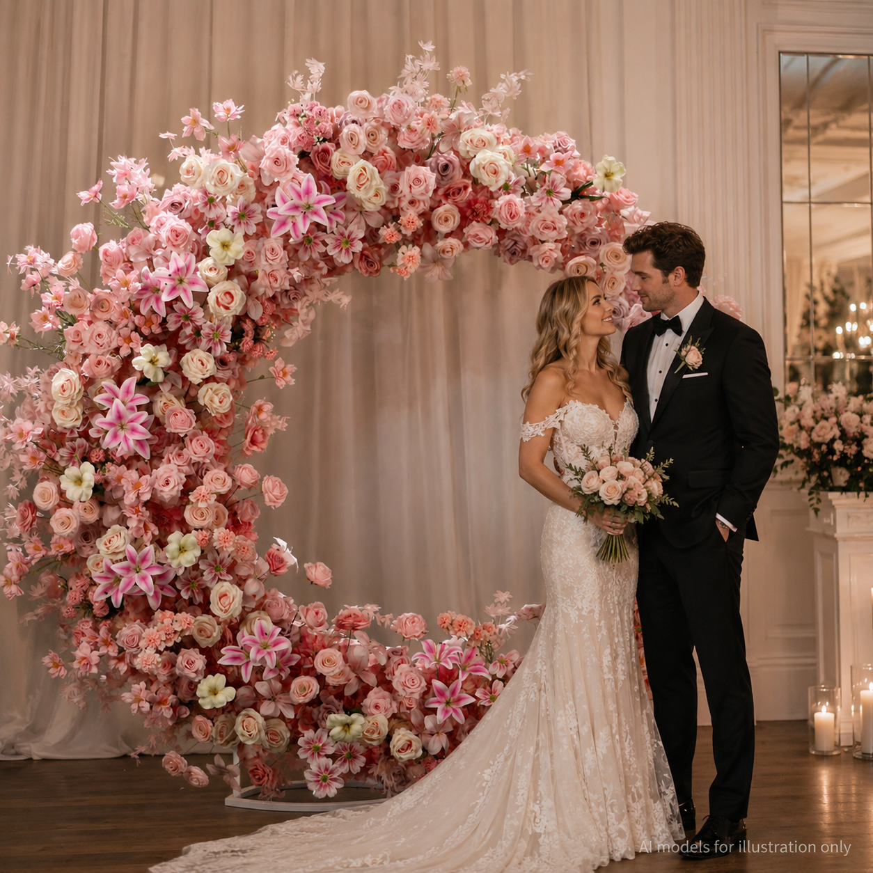 6FT Pink Crescent Moon Artificial Flower Arch with Stand, Wedding Backdrop