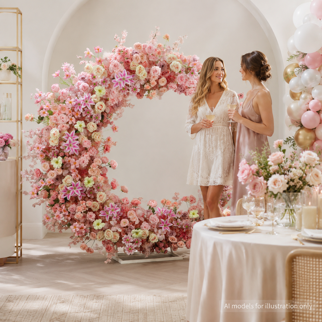6FT Pink Crescent Moon Artificial Flower Arch with Stand, Wedding Backdrop