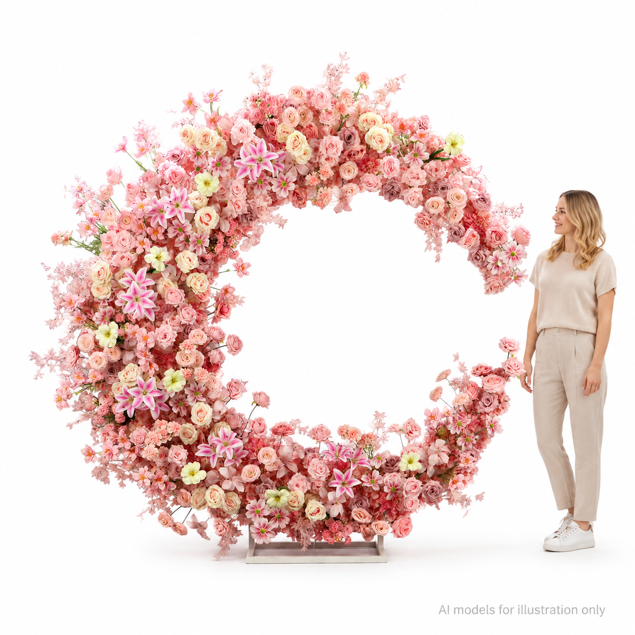6FT Pink Crescent Moon Artificial Flower Arch with Stand, Wedding Backdrop