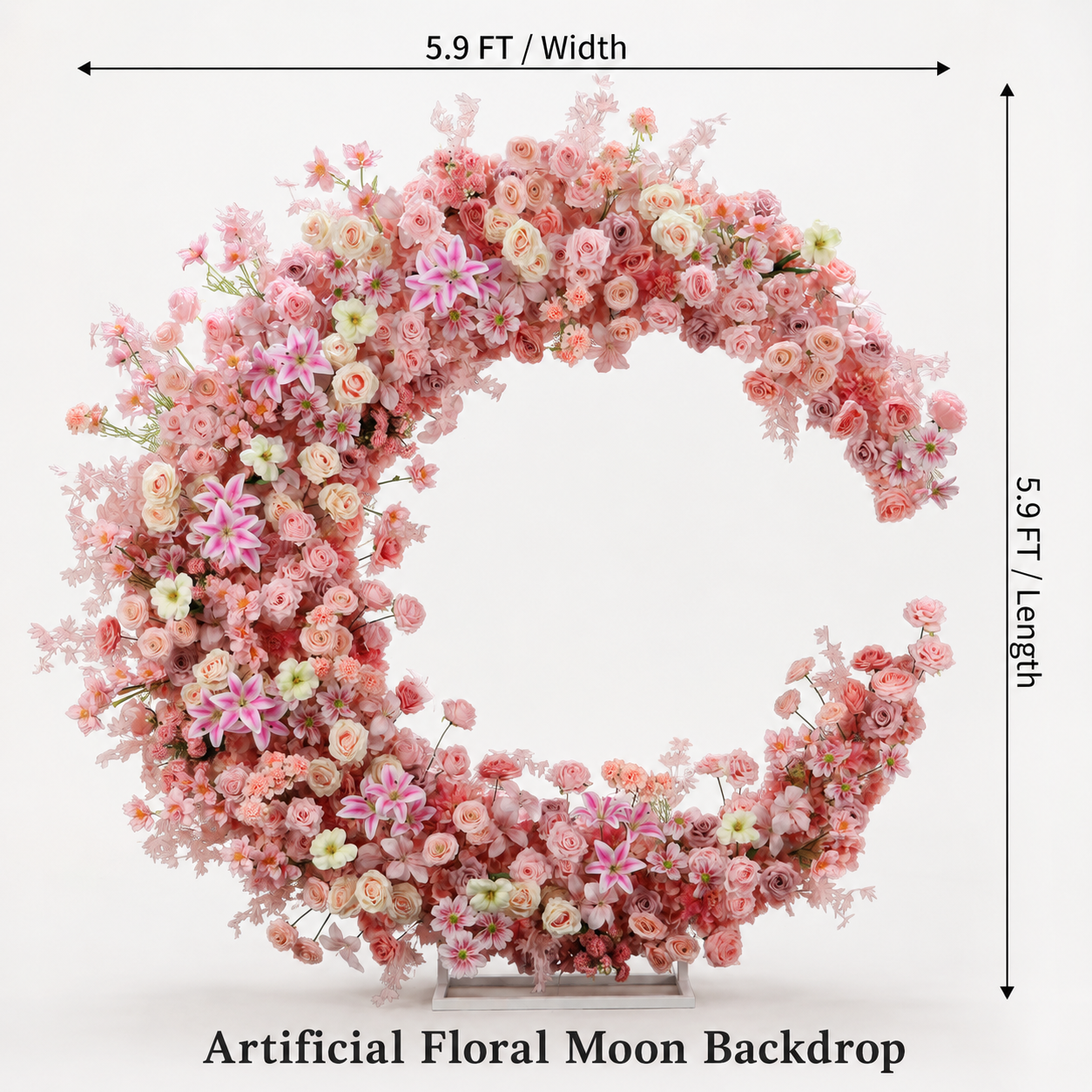 6FT Pink Crescent Moon Artificial Flower Arch with Stand, Wedding Backdrop