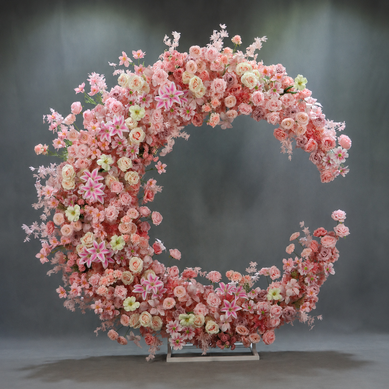 6FT Pink Crescent Moon Artificial Flower Arch with Stand, Wedding Backdrop