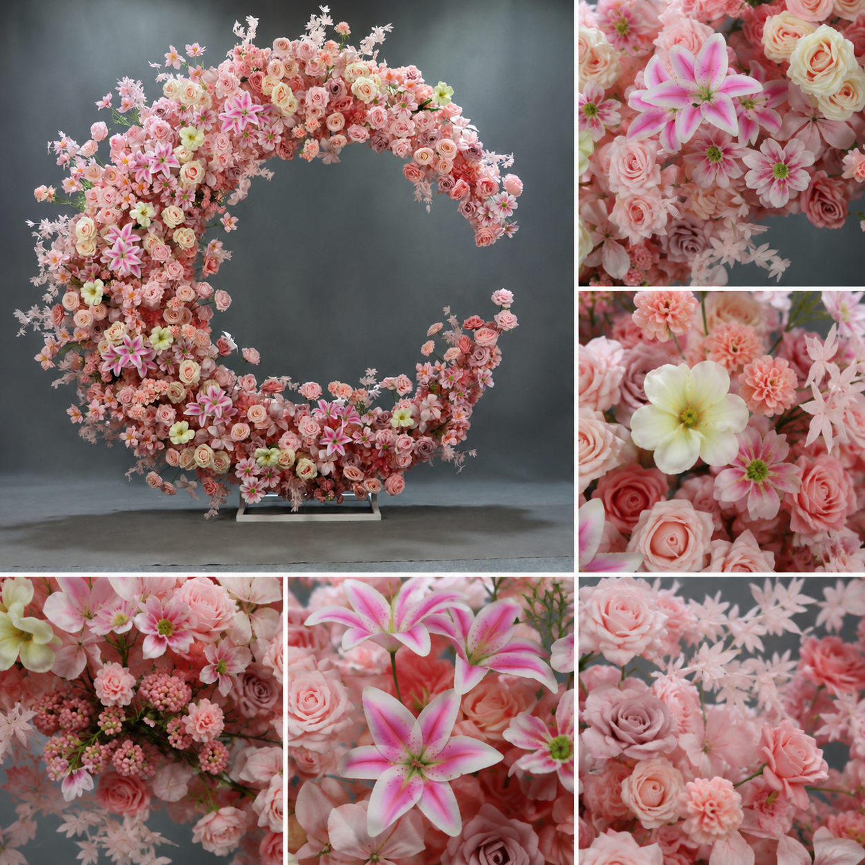 6FT Pink Crescent Moon Artificial Flower Arch with Stand, Wedding Backdrop