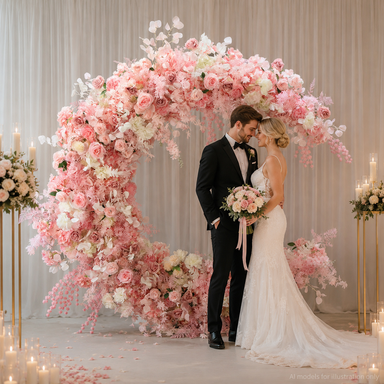 6FT Pink Crescent Moon Artificial Flower Arch with Stand, Wedding Backdrop