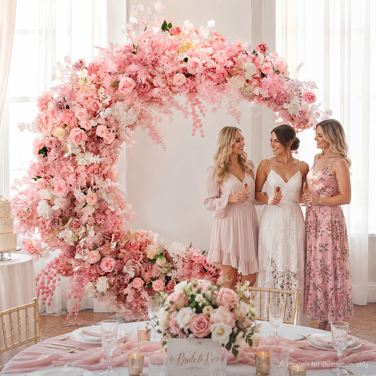 6FT Pink Crescent Moon Artificial Flower Arch with Stand, Wedding Backdrop