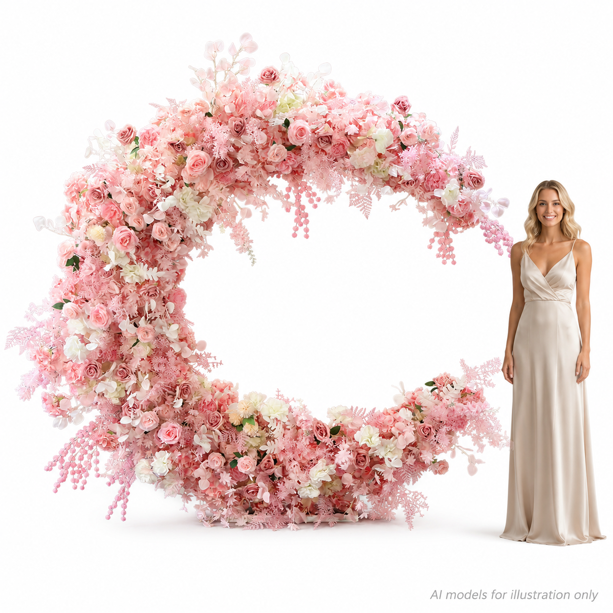 6FT Pink Crescent Moon Artificial Flower Arch with Stand, Wedding Backdrop