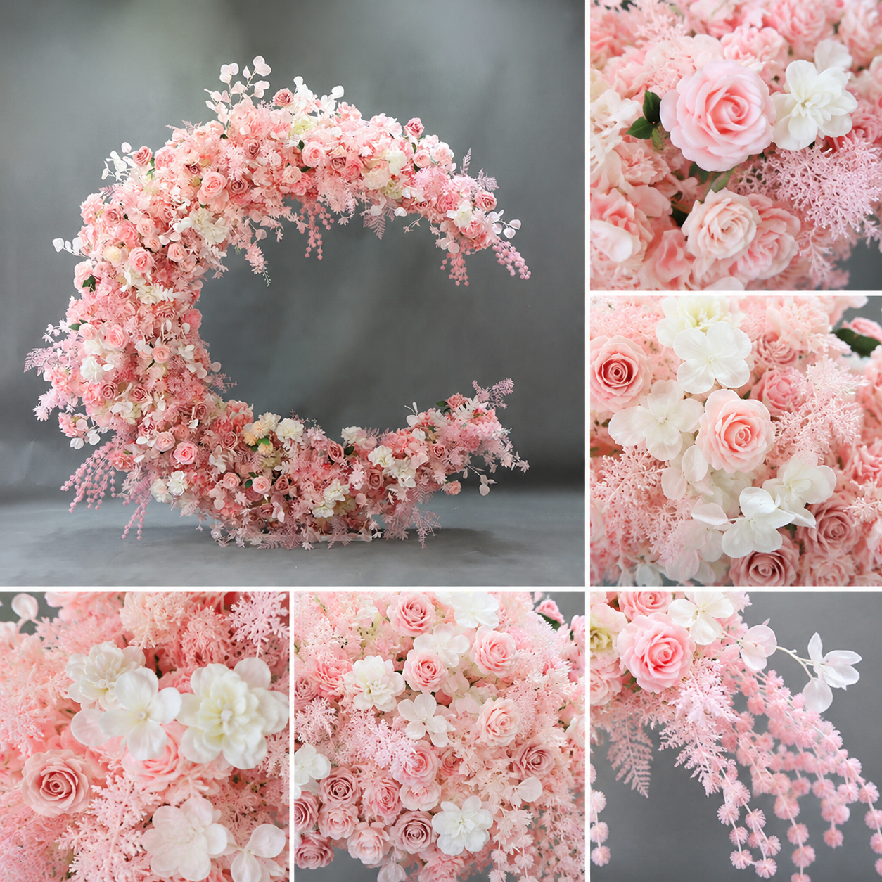 6FT Pink Crescent Moon Artificial Flower Arch with Stand, Wedding Backdrop