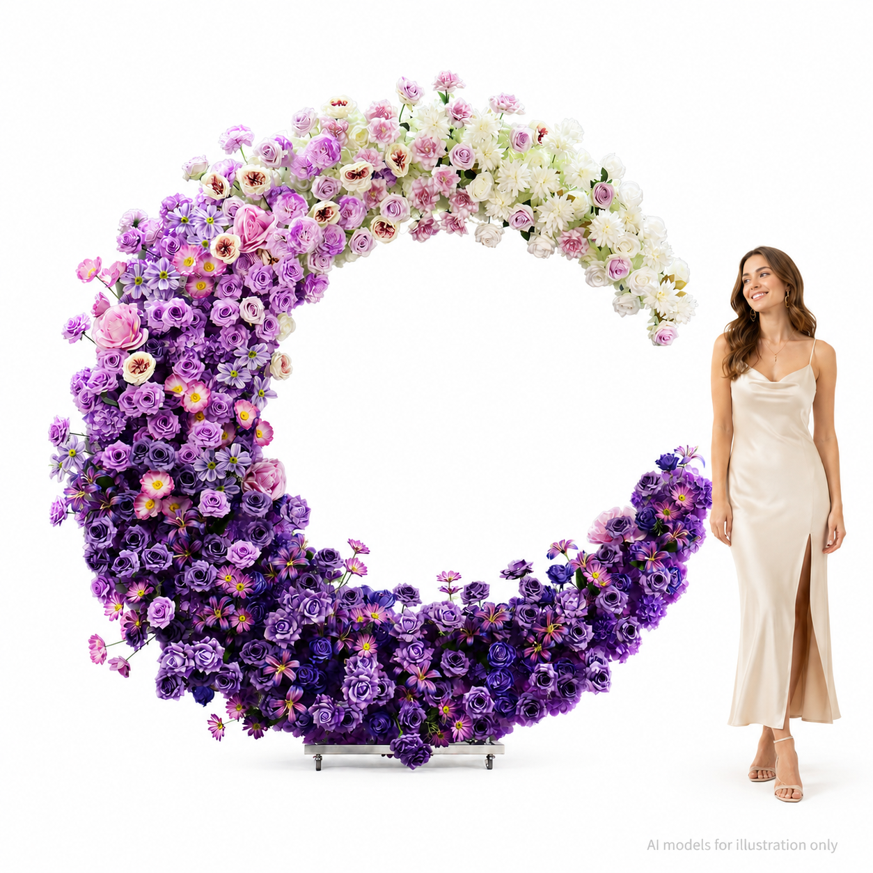 6FT purple Crescent Moon Artificial Flower Arch with Stand, Wedding Backdrop