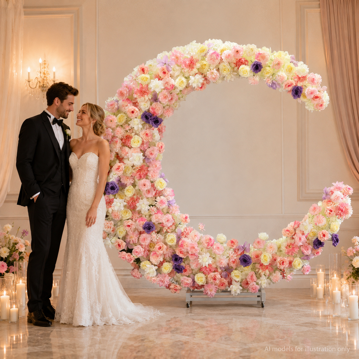 6FT Pink & Purple Crescent Moon Flower Arch, Wedding Backdrop with Stand