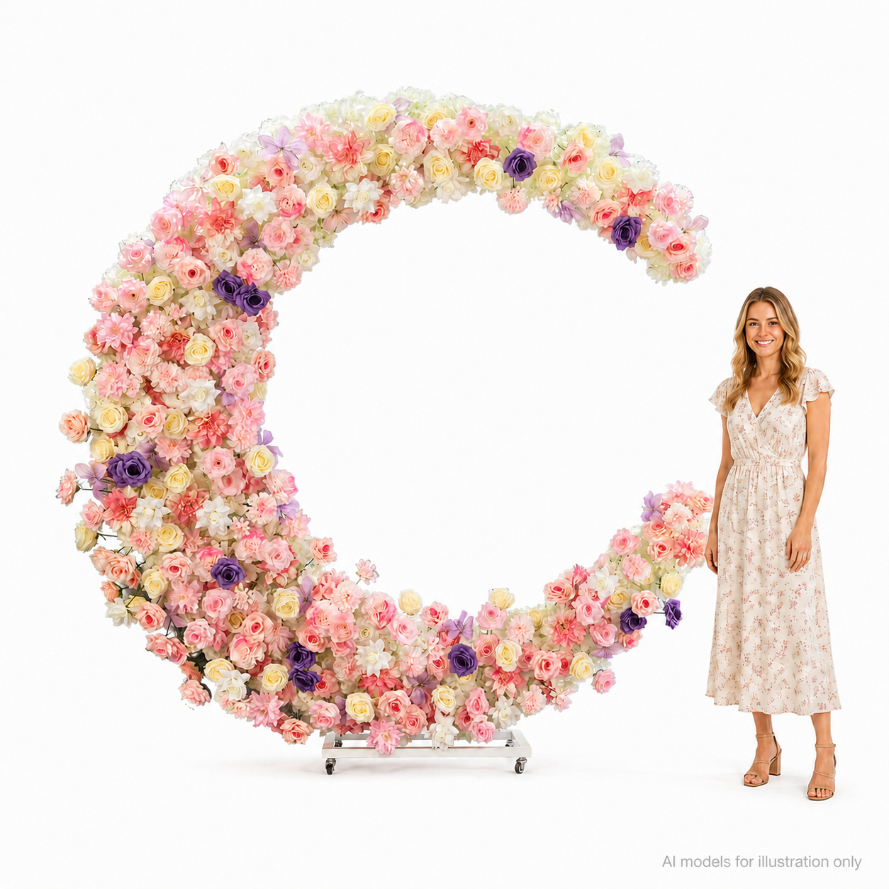 6FT Pink & Purple Crescent Moon Flower Arch, Wedding Backdrop with Stand